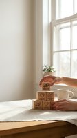 Hands stacking wooden blocks engraved with wellness and life balance icons on a linen-covered table near a bright window with a coffee cup.