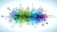Abstract digital technology background with colorful geometric shapes, circles, triangles and connecting lines for modern business presentations.