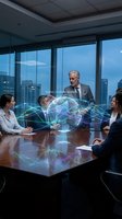Business team meeting with holographic global network projection in modern office conference room with city skyline view for corporate presentations.