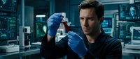 Male scientist or researcher in laboratory setting examining sample in test tube wearing blue gloves and protective gear in modern tech facility for scientific research and development projects.