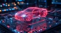 Futuristic red holographic car wireframe on computer chip with glowing circuits and data streams representing automotive technology and smart vehicle innovation.