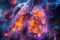 Glowing translucent lungs with orange illuminated alveoli against blue background, showing detailed respiratory system anatomy for medical education.