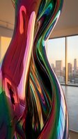 Colorful neon light tubes in red, pink, green, and blue create an abstract wavy pattern against an urban skyline window backdrop, suitable for modern art and contemporary design projects.