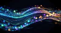 Abstract digital wave with glowing particles and bokeh lights in blue purple gradient colors for technology backgrounds and futuristic designs.