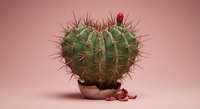 Heart-shaped cactus with sharp spines and red flower bud on pink background. Romantic desert plant concept for Valentine's Day greeting cards.