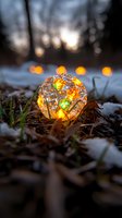 Glowing crystal ball with warm lights on snowy ground at dusk, creating magical winter atmosphere with bokeh lights in background. For holiday and seasonal designs.