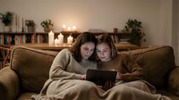 Two young women relaxing together on cozy sofa using digital tablet in warm candlelit living room atmosphere for entertainment and bonding time.