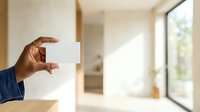 Hand holding blank white card in modern bright interior space with natural light from window, suitable for business mockups, advertising campaigns, and design presentations.