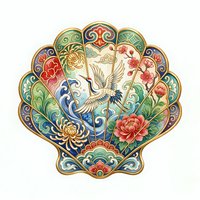 Ornamental shell fan design featuring crane bird, blooming flowers, and intricate floral patterns in vibrant jewel tones with gold accents on isolated white background.