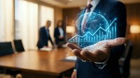 Businessman holding holographic globe with growth chart, digital finance concept in modern office boardroom setting.