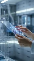 Hands holding transparent futuristic tablet with holographic interface and digital particles in modern laboratory environment for technology concepts.