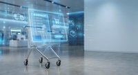 Digital shopping cart with holographic interface displays e-commerce data analytics and online retail technology in modern store environment.