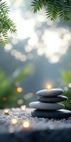 Stacked zen stones with glowing candles surrounded by tropical foliage, creating serene spa atmosphere with soft bokeh background.