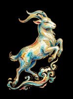 Watercolor leaping goat with gold ornamental details and swirling clouds, isolated on transparent background, ready for stickers, sublimation, and t-shirt design.