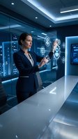 Professional woman in dark business suit interacting with holographic network interface in modern tech office. Futuristic workspace with blue neon lighting, digital data visualization, and corporate technology environment for business, innovation, and digital transformation concepts.