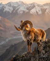 Majestic bighorn sheep ram with curved horns standing on rocky mountain cliff during golden hour sunrise with snow-capped peaks in background.