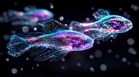 Glowing neon fish with luminescent particles swimming in dark water, digital art style with blue and purple light trails creating magical underwater effect.
