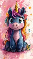 Magical unicorn with rainbow mane and golden horn sitting on pink watercolor background with stars. Cute cartoon character for children's room decoration.