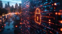 Glowing padlock icon with digital matrix background and city lights, representing cybersecurity, data protection and network safety in modern technology.