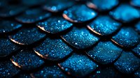 Macro shot of dark scales with water droplets creating mystical blue glow pattern, abstract background texture for creative design projects.