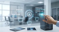 Business professional interacting with futuristic cloud computing interface displaying security and data management icons in modern office environment.