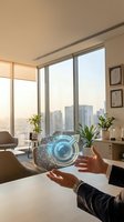 Businesswoman holding holographic technology interface with digital target symbol in modern office with city skyline view, representing innovation and business solutions.