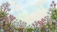 Watercolor floral border with pink and purple wildflowers, succulents, and soft pastel sky, leaving copy space for text or design.