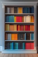 Elegant white bookshelf with colorful books arranged by spectrum, featuring vintage hardcover volumes on wooden shelves with classical column details.