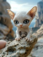 Hairless sphynx kitten with large green eyes climbing on rocky surface against blurred mountain landscape background, close-up portrait of exotic pet.