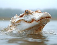 Close-up portrait of rare albino alligator emerging from murky water with water droplets, showing detailed texture of scales and teeth in natural habitat.