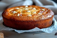 Homemade baked cheesecake with golden brown caramelized top and creamy texture, garnished with white chocolate chips on parchment paper cooling rack.