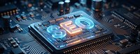 SEO concept with glowing letters on computer processor chip surrounded by electronic circuits and components for digital marketing technology applications.