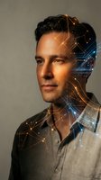 Male professional with dark hair and light skin wearing a light gray button-up shirt, with digital circuit board patterns and glowing network lines overlaid on his face and torso, representing artificial intelligence, technology integration, and digital transformation concepts.