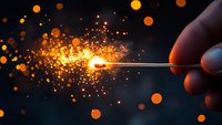 Burning match with bright orange sparks and glowing particles against dark background creates dramatic lighting effect for fire safety concepts.
