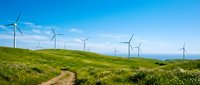 Wind turbines on green hillside with dirt path under blue sky, renewable energy and sustainable power generation for environmental and industrial projects.