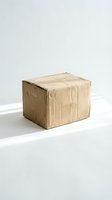 Damaged brown cardboard shipping box with torn edges and wear marks on white surface against neutral background for delivery concepts.