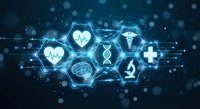 Digital healthcare technology concept with glowing hexagonal medical icons including heartbeat, brain, DNA, microscope and cross on dark blue background.