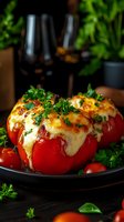 Stuffed red bell pepper with melted cheese and fresh herbs on dark plate. Fresh parsley garnish and cherry tomatoes create appetizing composition in moody lighting.
