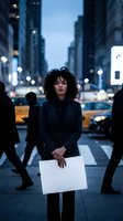 Young African American woman holding blank white sign standing on busy city street at dusk with blurred traffic and pedestrians in urban downtown area.
