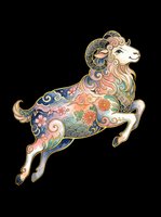 Ornate leaping ram with floral and wave patterns in pastel and gold tones, isolated on transparent background, ready for stickers, sublimation, and t-shirt design.