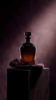 Luxury amber glass perfume bottle with stopper displayed on dark stone pedestal with draped burgundy fabric against moody purple background for fragrance marketing.