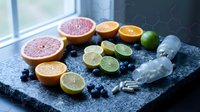 Fresh citrus fruits sliced on dark slate board with blueberries and ice cubes for healthy vitamin C rich breakfast or smoothie ingredients preparation.