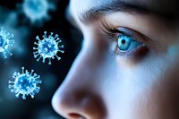 Close-up of blue eye with floating coronavirus particles in dark background, depicting pandemic awareness and viral infection concept for medical education.
