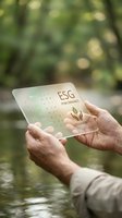 Hands holding transparent tablet displaying ESG performance sustainability metrics with leaf icon against blurred green nature background for eco-friendly business.