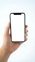 Hand holding modern smartphone with blank white screen mockup for app presentation and mobile interface design projects.