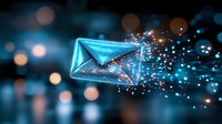 Glowing digital envelope dissolving into particles with blue light effects against dark background with bokeh lights, representing electronic mail communication.