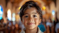 Young Asian boy with bright smile and warm expression in blurred church or cathedral interior setting with soft bokeh lights and warm atmosphere.