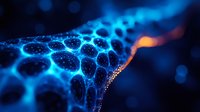 Glowing blue neural network with orange light path showing artificial intelligence and deep learning concept. Abstract technology background.