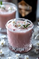 Pink creamy cocktail in crystal glass with salt rim and white spring flowers garnish, soft mood lighting creates elegant drink photography styling.