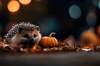 Adorable hedgehog with tiny pumpkin among autumn leaves creates charming fall scene with warm bokeh lights for seasonal greeting cards and decorations.